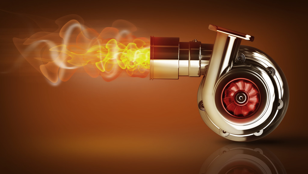 Desenho digital 3D de um motor turbo, saindo fogo dele, simbolizando a potência e vantagens
